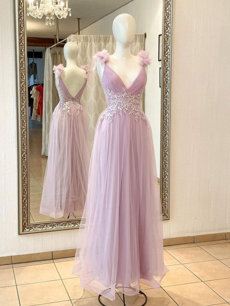 
                  
                    V neck A line Pink Long Prom Dresses, Lace Long Graduation Dresses With Lace Applique
                  
                