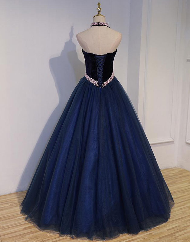Dark blue tulle beads long prom dress, dark blue evening dress