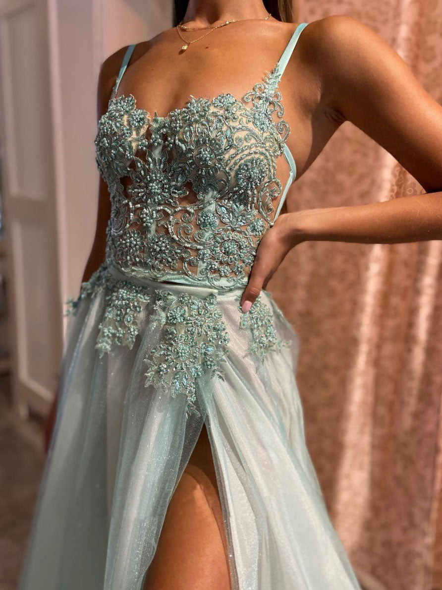 Green sweetheart tulle lace long prom dress, green evening dress