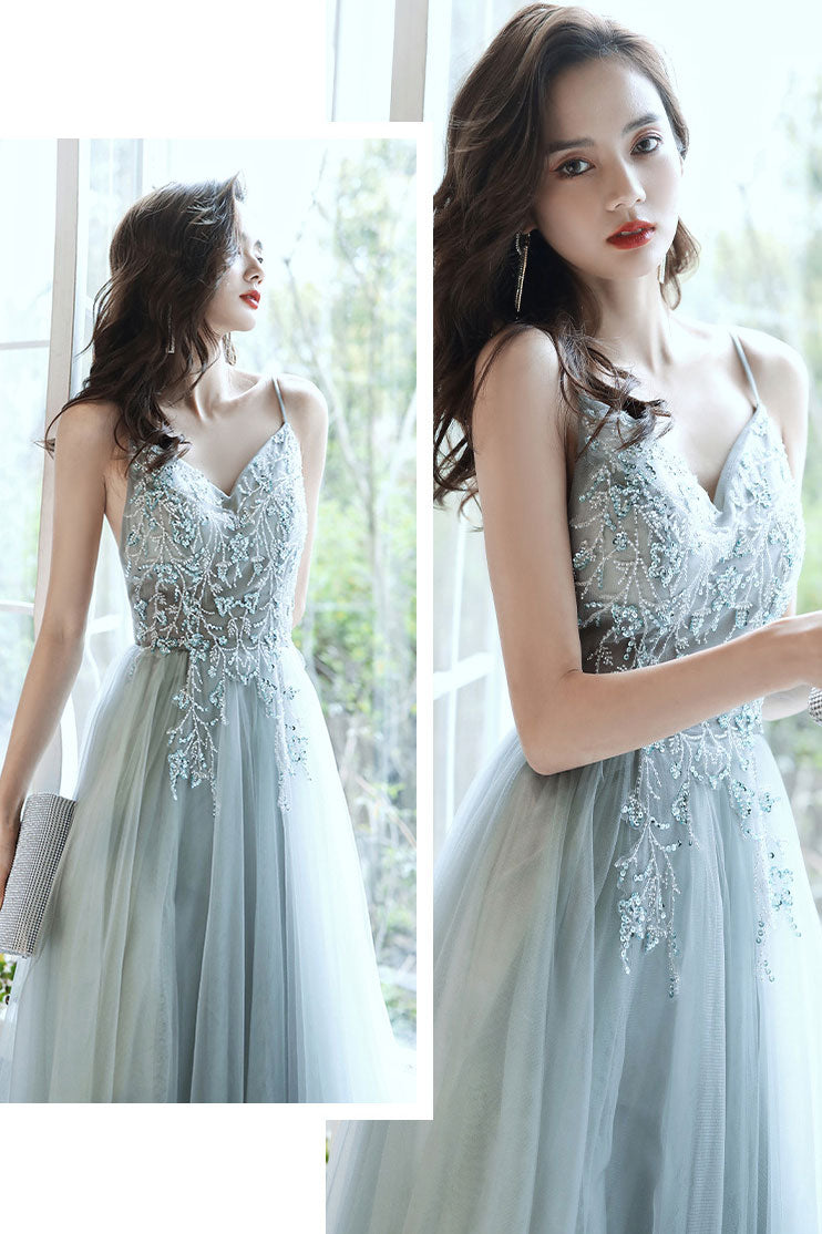 Gray v neck tulle beads long prom dress beads tulle evening dress shdress Gray v neck tulle beads long prom dress beads tulle evening dress shdress