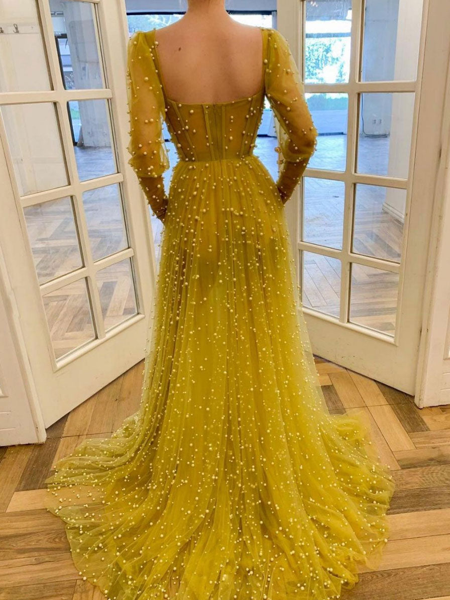 Yellow sweetheart tulle beads long prom dress, yellow evening dress – shdress