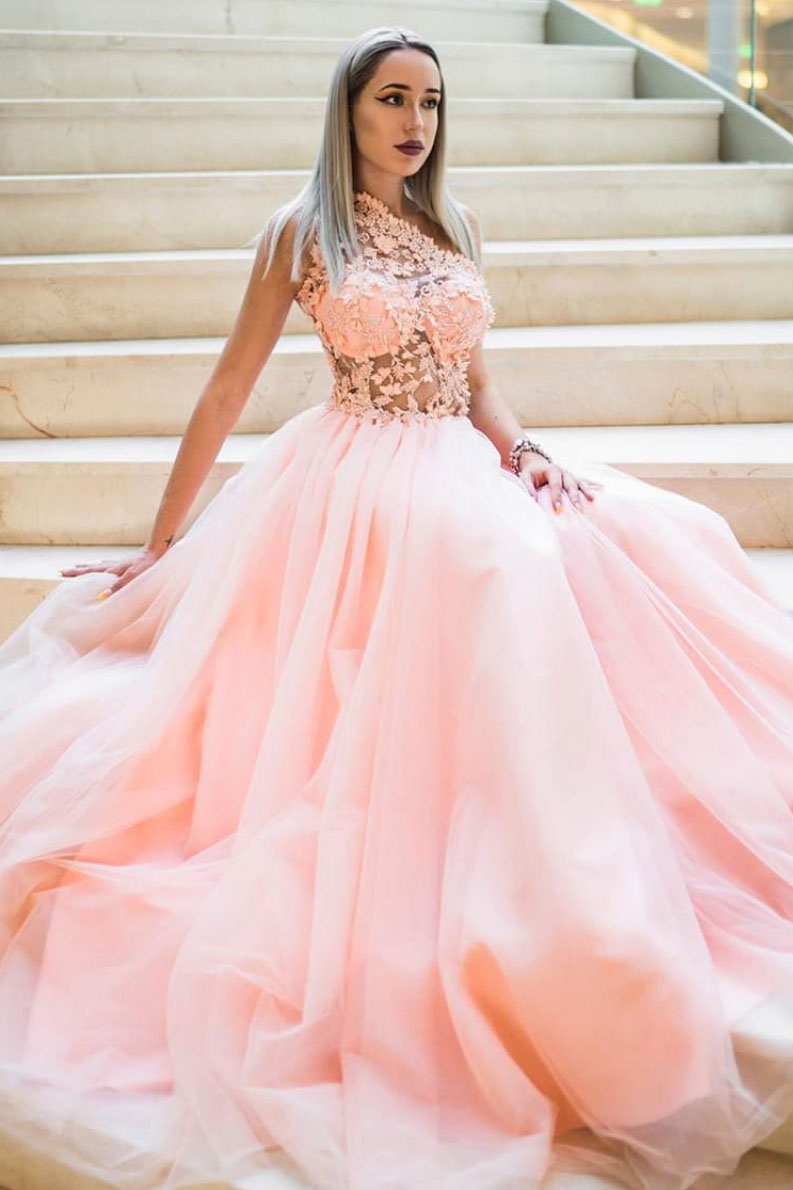 Pink tulle lace one shoulder long prom dress pink lace bridesmaid dress