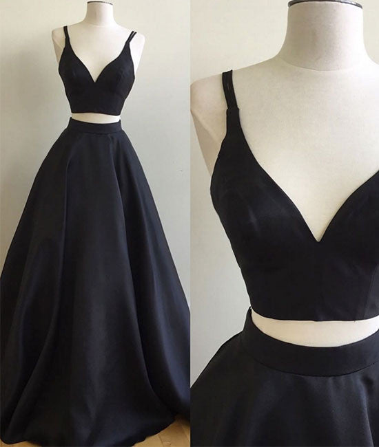 Simple two pieces black long prom dress, black evening dress - shdress