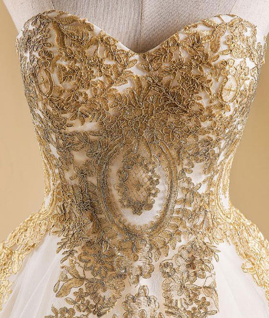 Gold sweetheart neck tulle long prom gown, gold evening dress - shdress