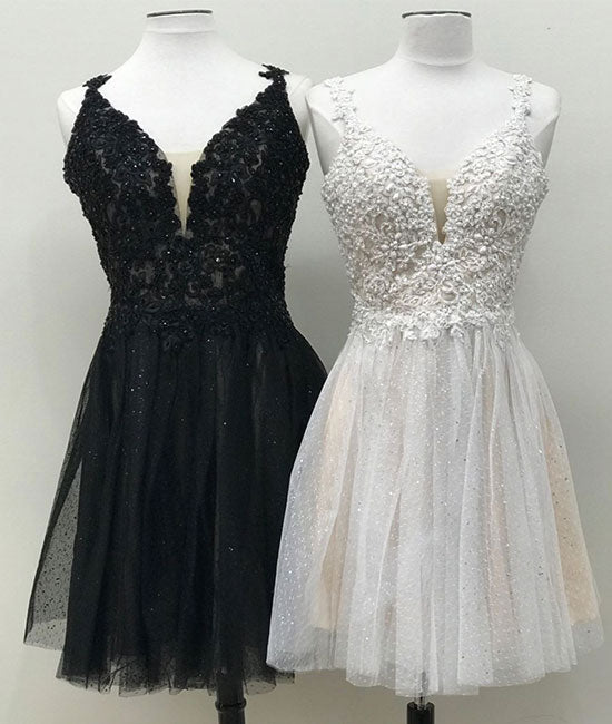 Cute v neck lace tulle short prom dress, homecoming dress - shdress