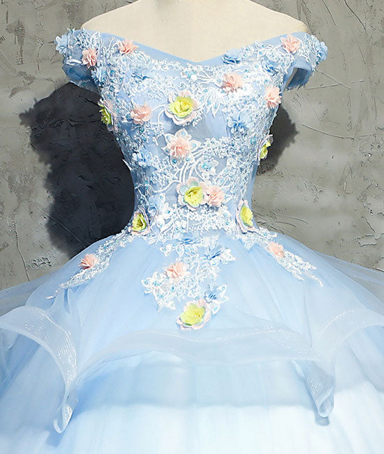 Blue tulle lace applique long prom gown, blue evening dress - shdress