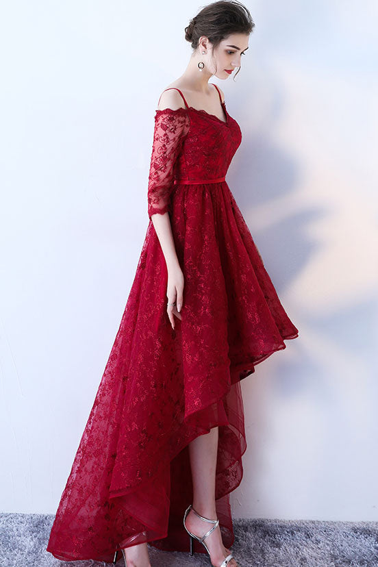 long maroon homecoming dress Cute V Neck Backless Burgundy Lace Short Prom Dress, Short Maroon Lace abcprom