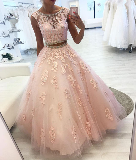 
                  
                    Pink two pieces lace tulle long prom dress, pink evening dress - shdress
                  
                