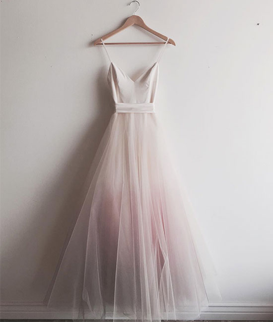 Simple v neck tulle long prom dress, tulle evening dress - shdress