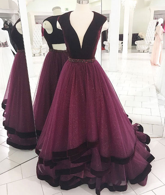 Burgundy v neck tulle long prom dress, burgundy evening dress - shdress