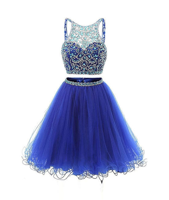 Blue two pieces tulle sequin beads short prom dress, blue homecoming shdress Blue two pieces tulle sequin beads short prom dress, blue homecoming shdress