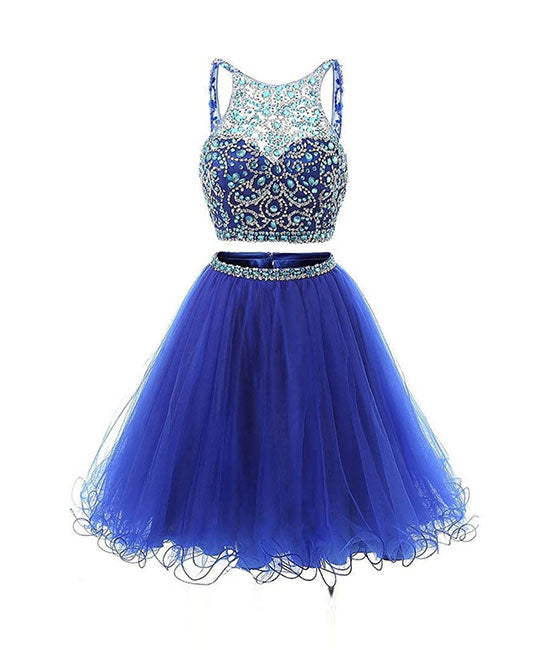 Blue two pieces tulle sequin beads short prom dress, blue homecoming - shdress
