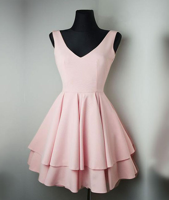 Simple v neck pink short prom dress, cute pink homecoming dress - shdress