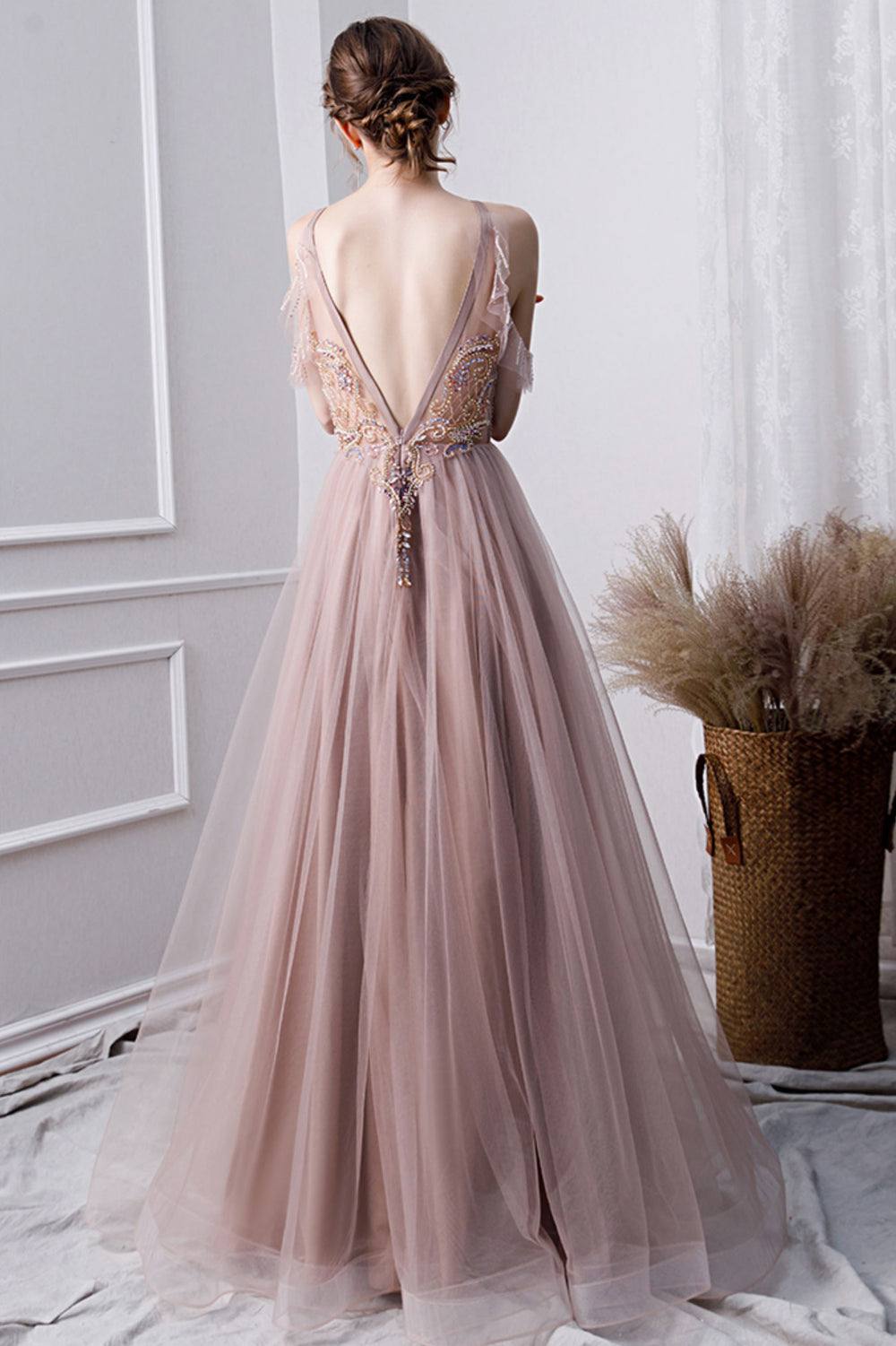 Champagne tulle beads long prom dress, champagne evening dress