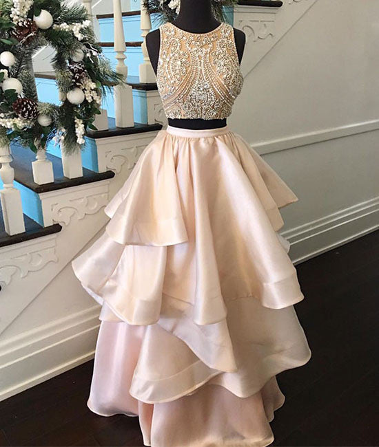 Pink two pieces beaded long prom dress, pink evening dress - shdress