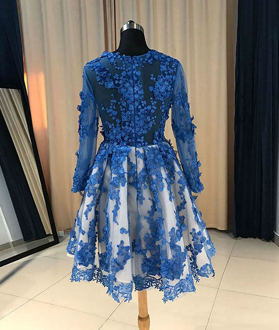 
                  
                    Blue lace short prom dress, blue lace bridesmaid dress - shdress
                  
                