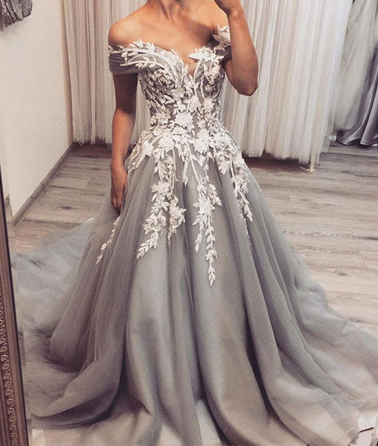 Gray tulle lace applique long prom dress, gray tulle evening dress - shdress