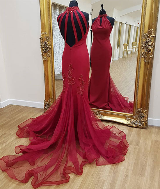 Burgundy tulle mermaid long prom dress, tulle evening dress shdress Burgundy tulle mermaid long prom dress, tulle evening dress shdress