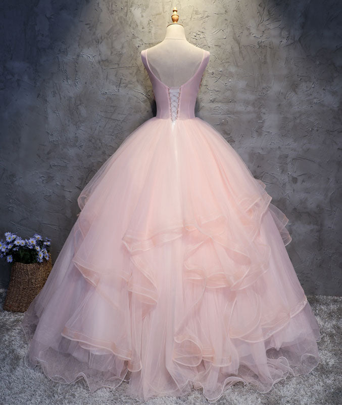 
                  
                    Pink round neck tulle lace applique long prom dress, pink evening dress - shdress
                  
                