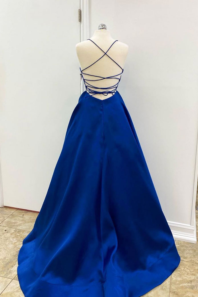 Simple v neck blue satin long prom dress blue evening dress
