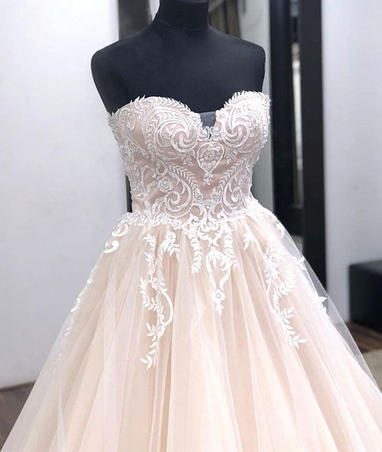 Unique sweetheart neck tulle lace applique long wedding dress, lace bridal dress - shdress
