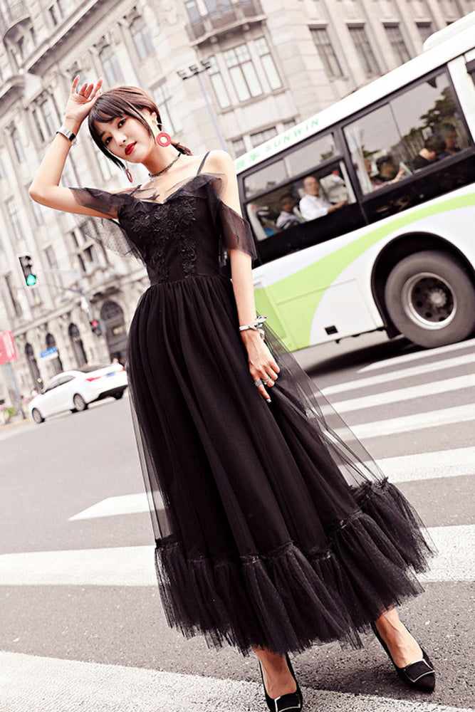 
                  
                    Black tulle lace tea length prom dress, lace tulle evening dress
                  
                