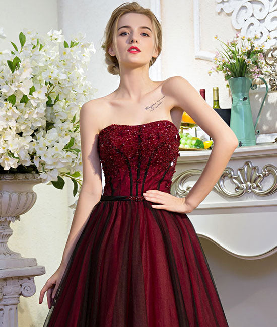 Unique burgundy tulle long prom dress, burgundy evening dress shdress Unique burgundy tulle long prom dress, burgundy evening dress shdress