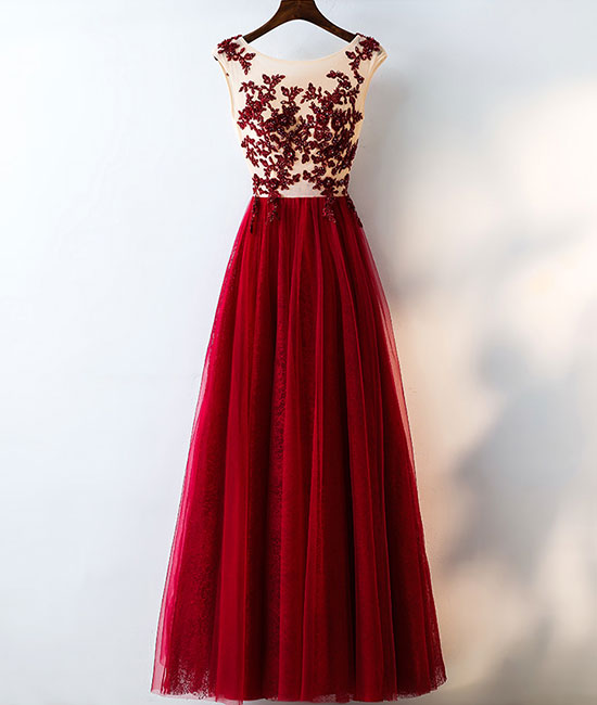 Burgundy round neck tulle lace long prom dress, bridesmaid dress shdress Burgundy round neck tulle lace long prom dress, bridesmaid dress shdress