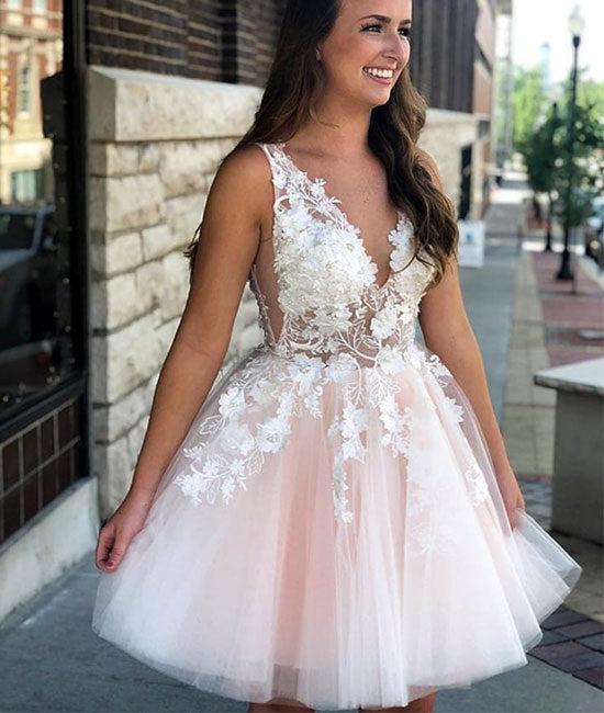Pink v neck tulle lace applique short prom dress, pink homecoming dress - shdress