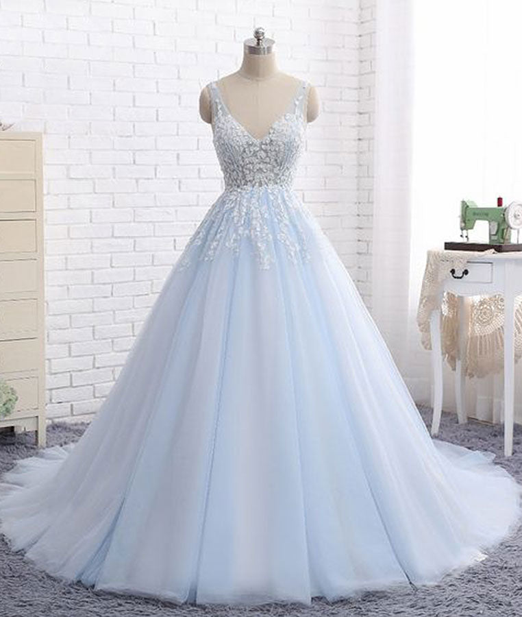 Blue v neck tulle lace long prom dress, blue evening dress - shdress