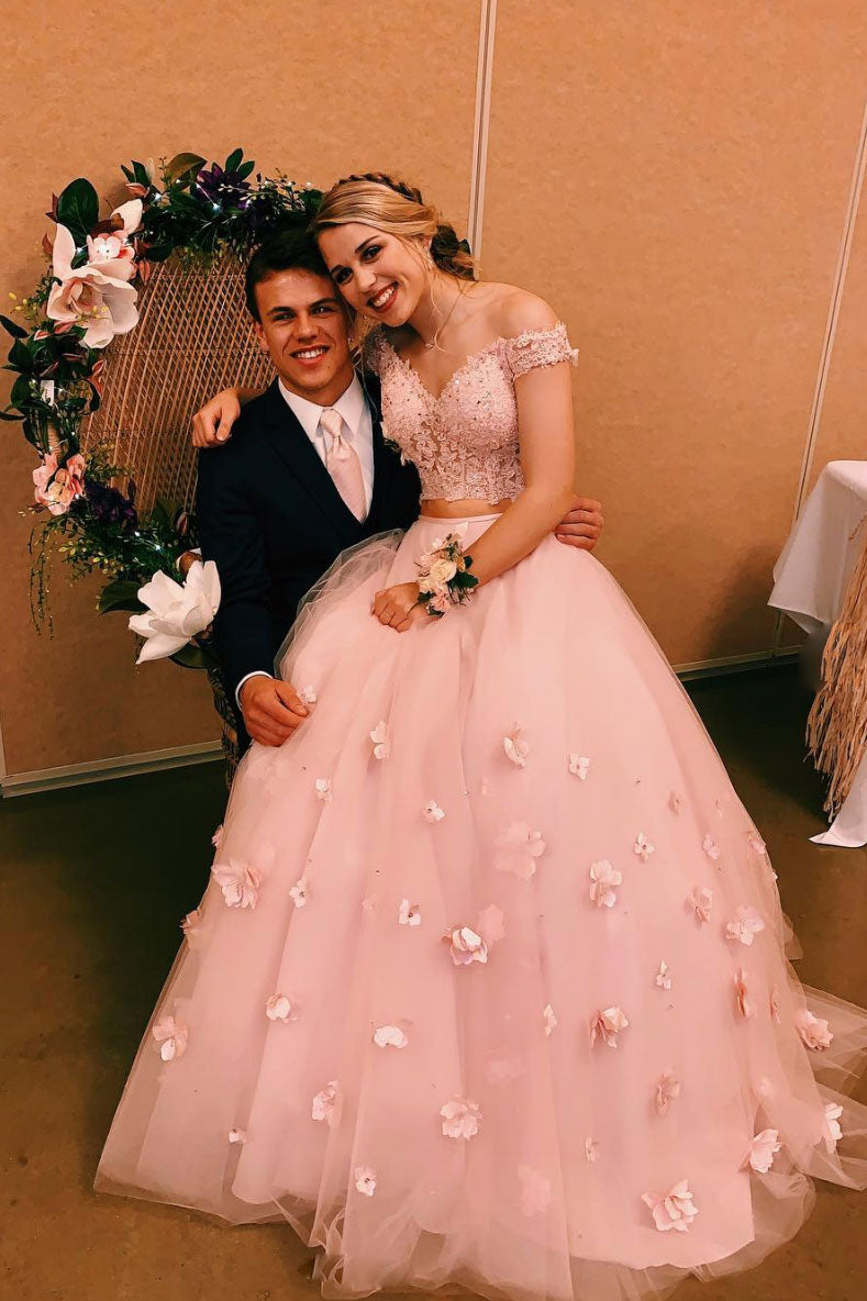 Pink tulle lace long prom dress, pink tulle lace formal dress