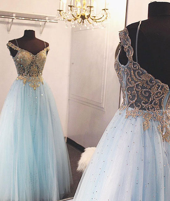 Blue v neck tulle sequin beads long prom dress, blue tulle evening dress - shdress