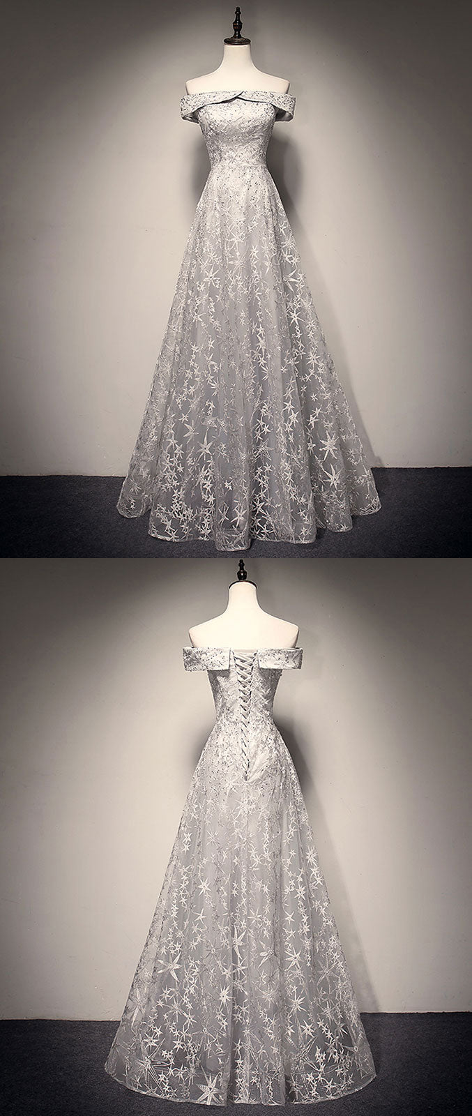 Gray tulle lace long prom dress, lace tulle bridesmaid dress - shdress