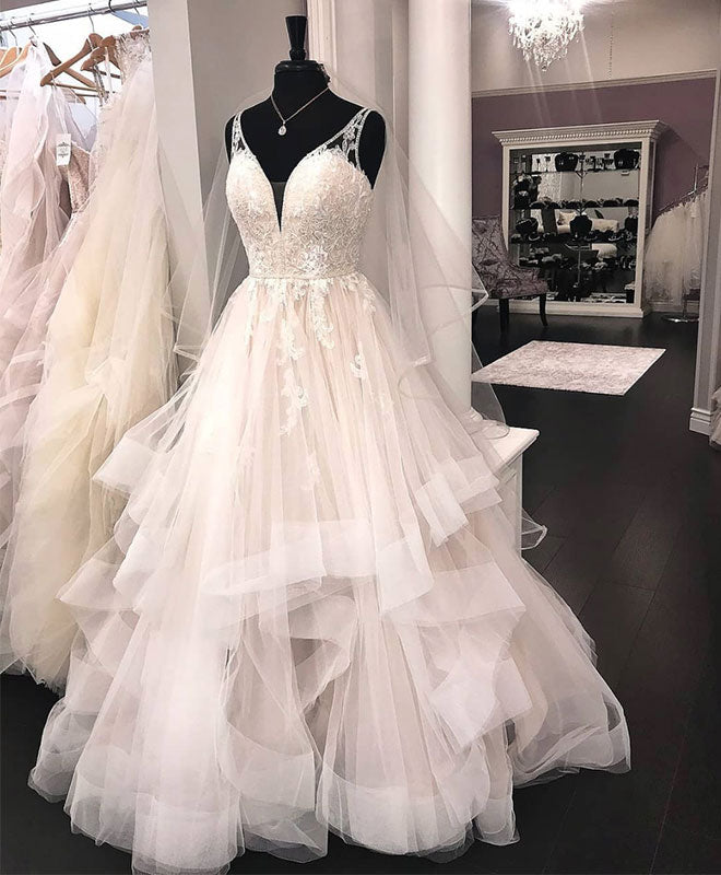 Unique v neck tulle lace long prom dress, tulle lace wedding dress