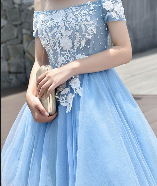 
                  
                    Cute tulle blue lace applique short prom dress, cute homecoming dress - shdress
                  
                