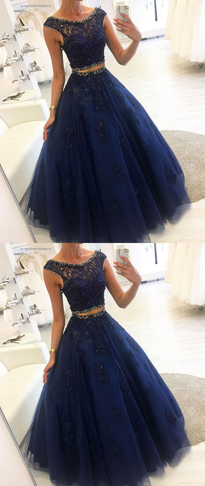 Dark blue two pieces lace long prom dress, blue evening dress - shdress
