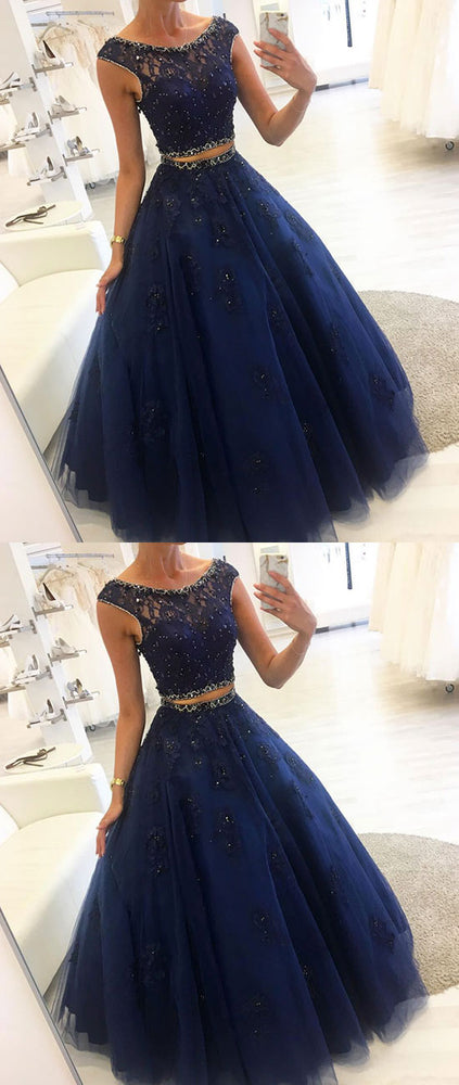 Dark blue two pieces lace long prom dress, blue evening dress shdress Dark blue two pieces lace long prom dress, blue evening dress shdress