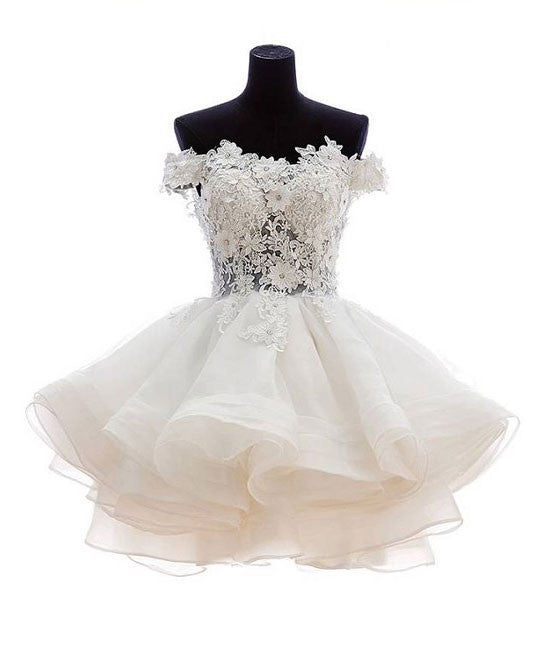 White sweetheart lace applique short prom dress, cute white homecoming dress - shdress