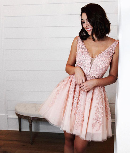 Pink v neck tulle lac applique short prom dress, pink homecoming dress shdress Pink v neck tulle lac applique short prom dress, pink homecoming dress shdress