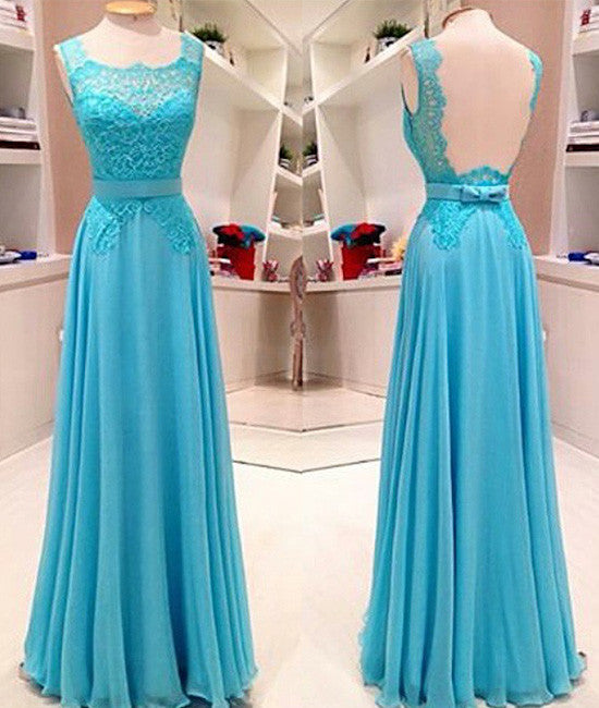 Blue lace long prom dress, blue evening dress for teens - shdress
