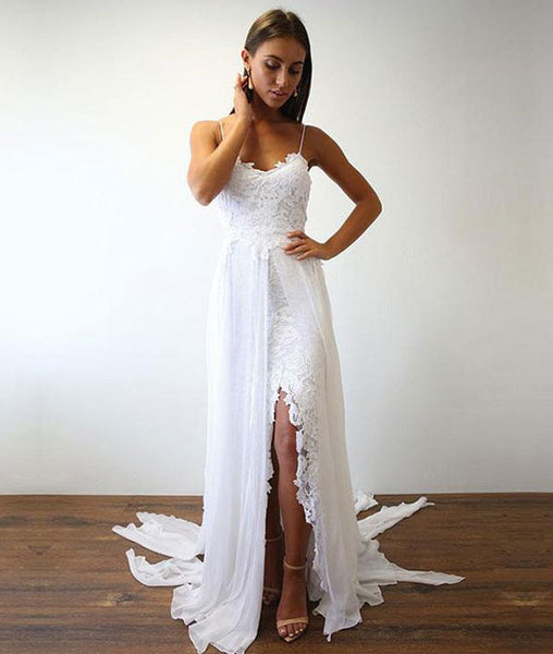 Casual Beach Wedding Dresses Spaghetti White Lace Side Slit Wedding Dresses,Simple  Wedding Dresses  ClaireBridal