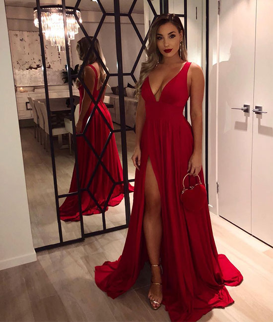 Red v neck chiffon long prom dress, red evening dress - shdress