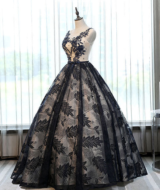 Unique lace round neck lace long prom dress, lace evening dress - shdress