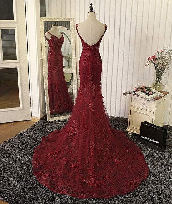 Red v neck lace mermaid long prom dress, red evening dress shdress Red v neck lace mermaid long prom dress, red evening dress shdress