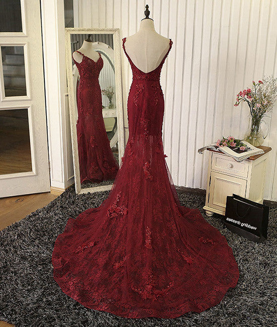 
                  
                    Red v neck lace mermaid long prom dress, red evening dress - shdress
                  
                