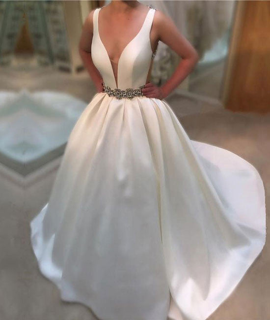 White v neck long prom gown, white wedding dress - shdress