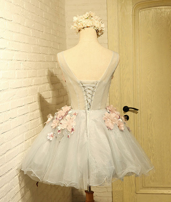 
                  
                    Cute round neck gray tulle lace applique short prom dresses - shdress
                  
                