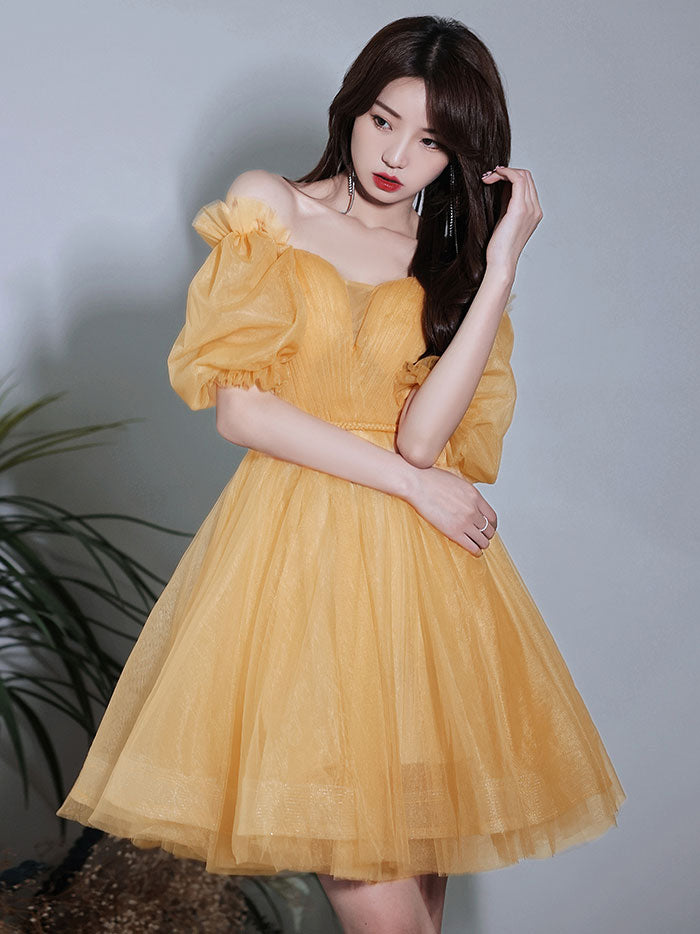 Yellow tulle short prom dress, yellow homecoming dress