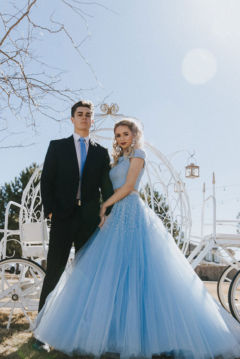 Blue tulle two pieces long prom dress blue formal dress shdress Blue tulle two pieces long prom dress blue formal dress shdress