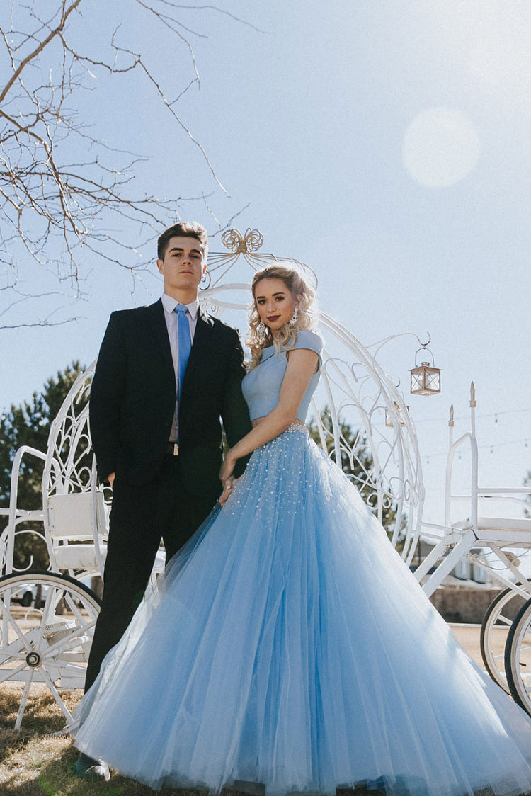 Simple blue two pieces long prom dress show waist formal dress main image 1